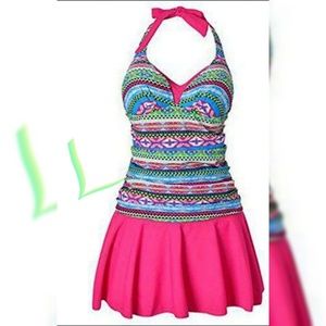 Pink multi colored 1 piece with skirt